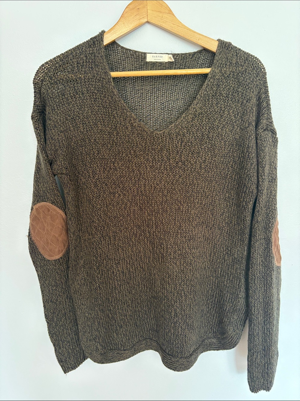 Harper Olive Knit V-Neck Sweater with Tan Elbow Patches
